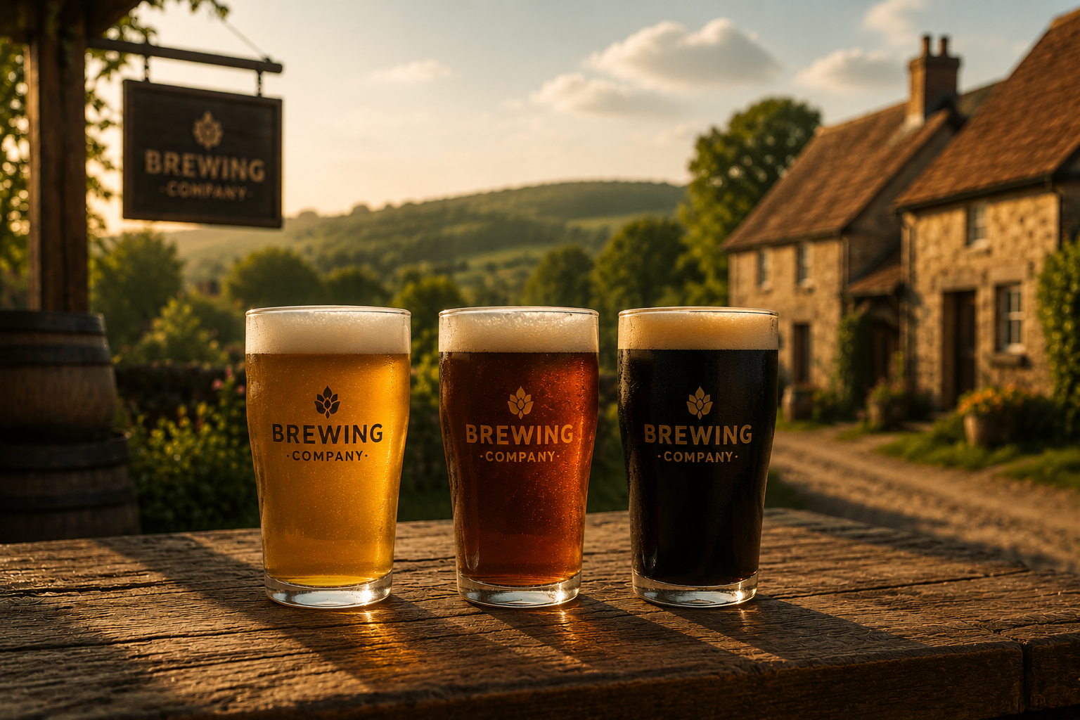 Three glasses of craft beer on a wooden table in the countryside